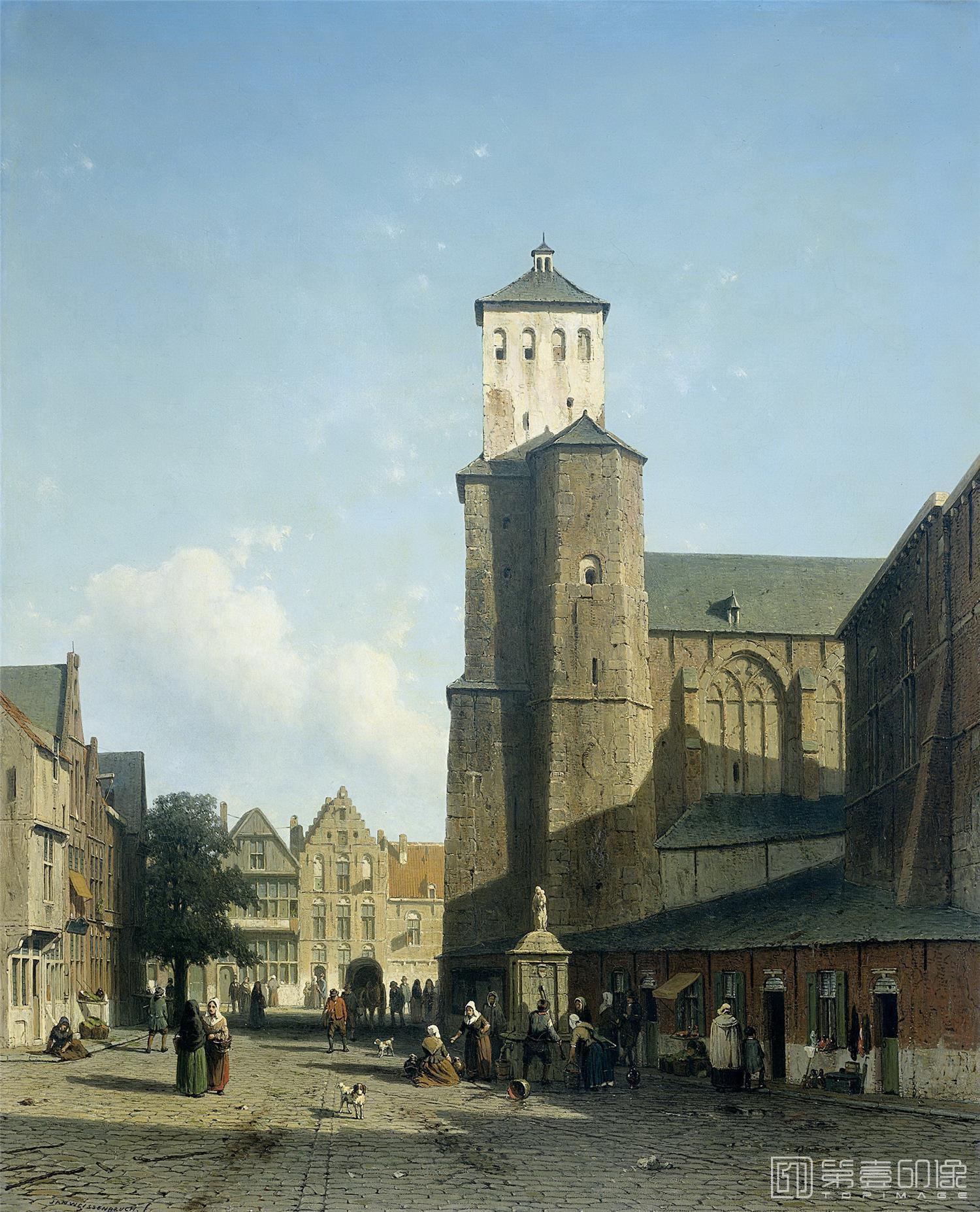 油画-荷兰阿姆斯特丹国家美术馆-Weissenbruch Jan De kerk van St Denis te Luik 1850-1860-1870